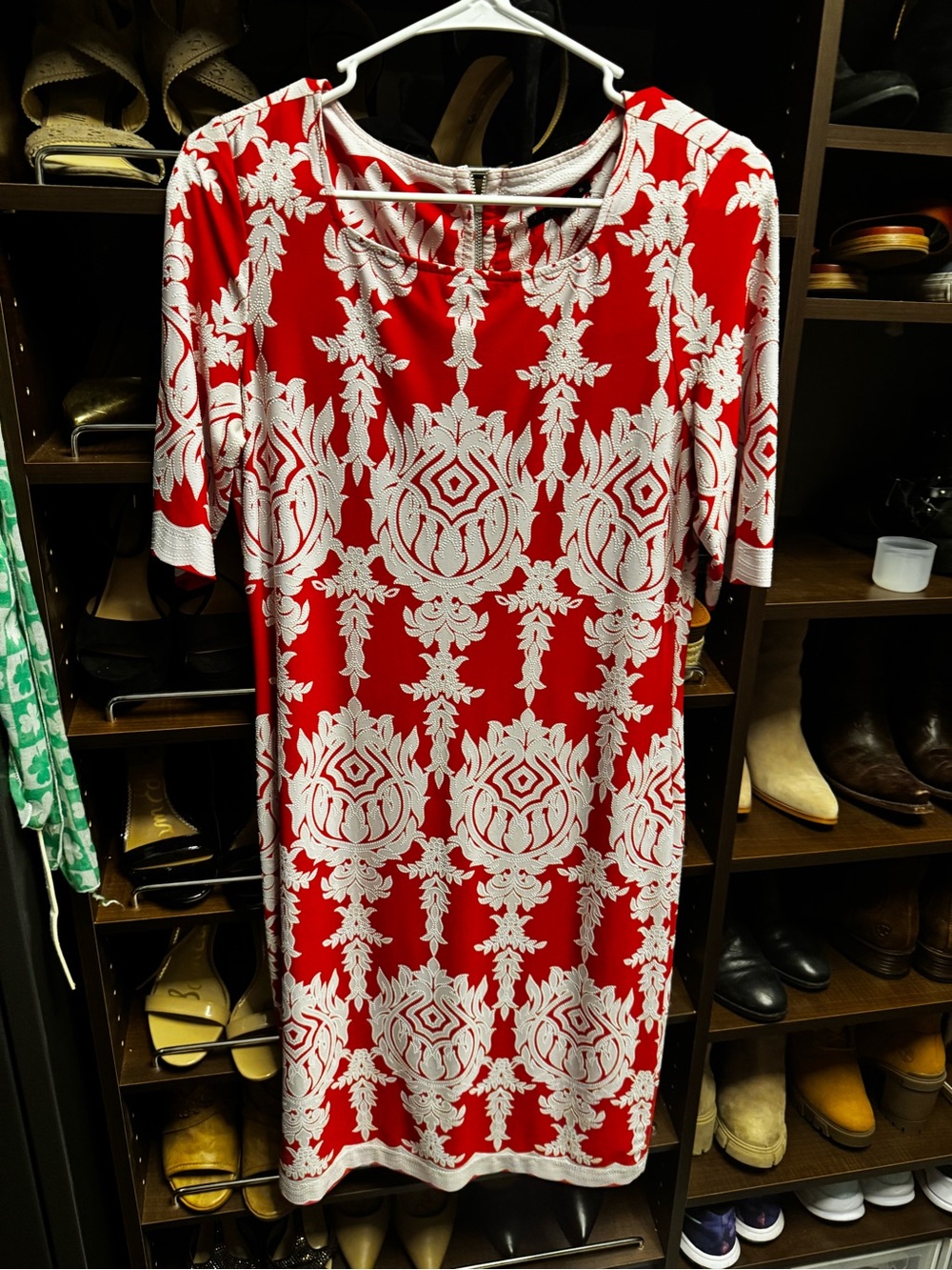 Tiana B. Red and White Midi Dress with Ornate Motif